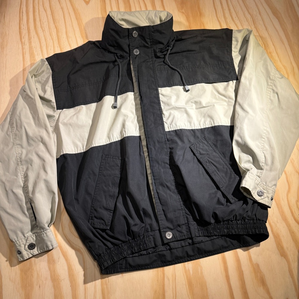 American Weekend Men's Vintage Color block Windbreaker Jacket Black Tan Size M